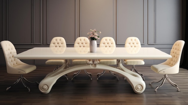 Photo luxurious futurist white dining table with seven chairs