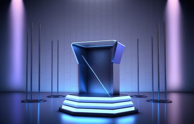 Luxurious geometric podium on the platform in the background of neon rays Generative AI