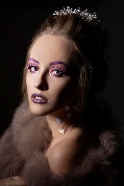 Luxurious girl with a beautiful makeup in a fur coat