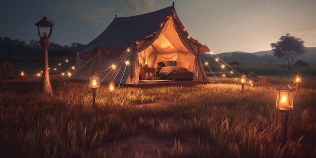 Роскошная палатка в сумерках с струнными огнями.