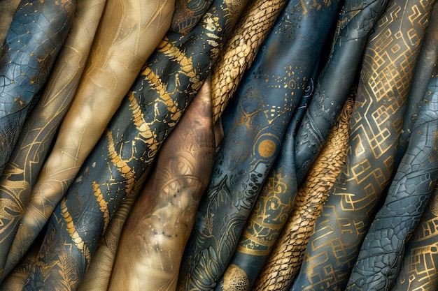 Photo luxurious gold and blue patterned fabric rolls for high end interior design and elegant textile