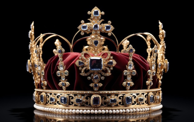 Luxurious Gold Crown Adorned With Red Velvet and Jewels
