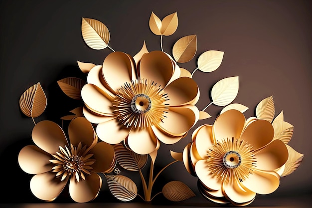 Luxurious gold d rendering paper flowers as decor or craft background generative ai