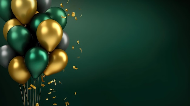 Luxurious gold and dark green balloons with confetti on side