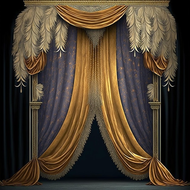 Luxurious gold and neutral draping curtain background, interior\
with vintage drapes with feathers