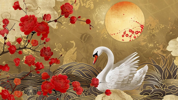 A luxurious gold oriental style background modern featuring red flowers golden textures Swan birds and the sun Use it for printing and home decor