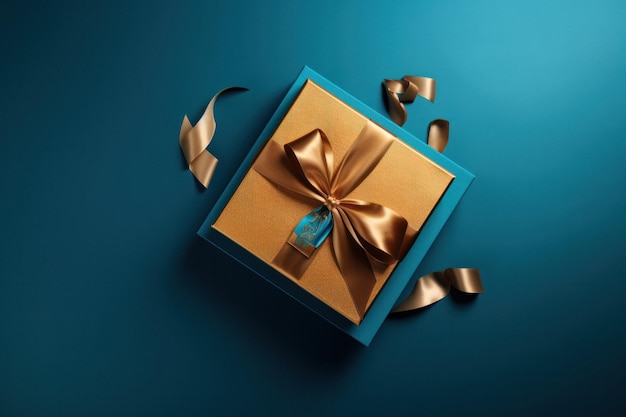 Luxurious Gold Present Box with Ribbon on Blue Background