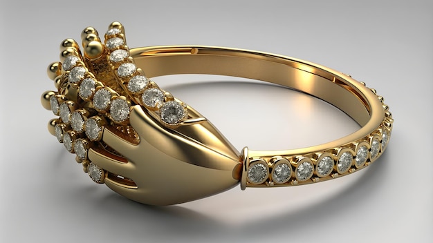 豪華な金の指輪で数多くの輝くダイヤモンドで飾られ複雑に設計されています