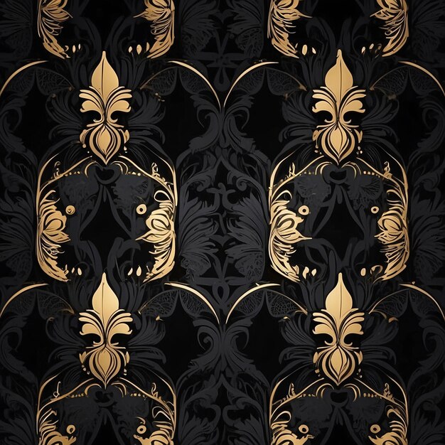 Luxurious Golden Flowers Pattern On Black Background Botanical Wallpaper Curve Floral Decoration