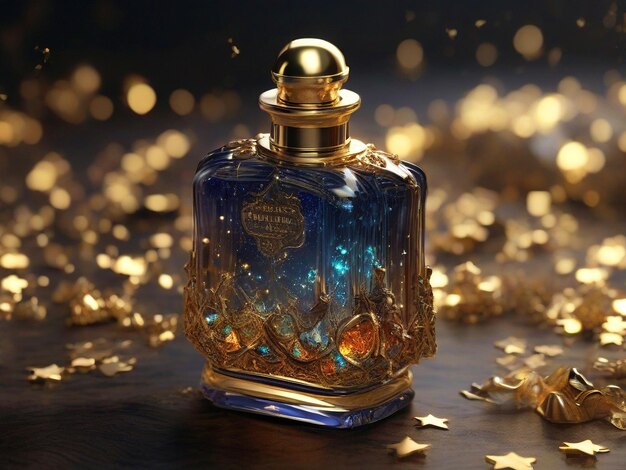 Luxurious golden front view of perfume bottle