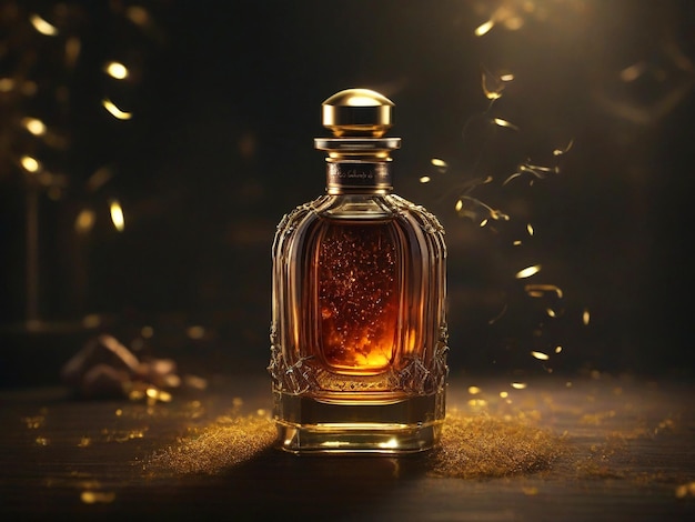 Luxurious golden front view of perfume bottle