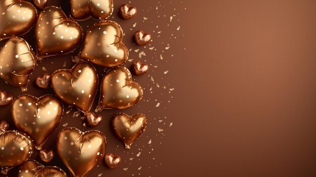 Photo luxurious golden heartshaped balloons on a brown background with sparkles