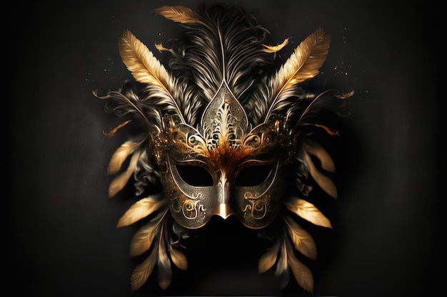 A luxurious golden mask with feathers on a black background Generative AI