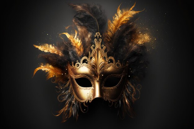 A luxurious golden mask with feathers on a black background Generative AI