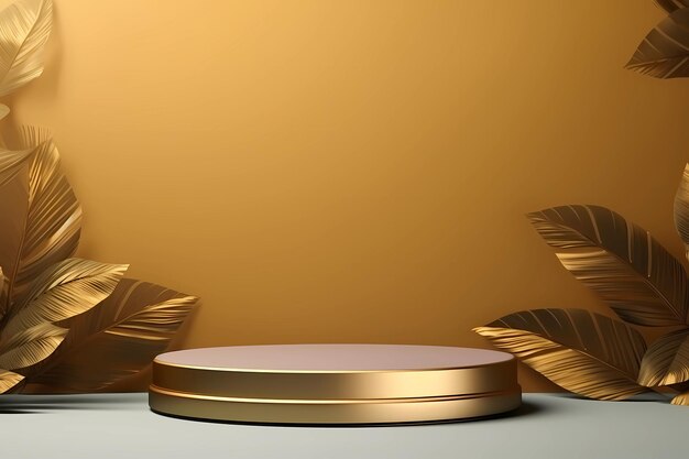 Luxurious golden room with cylindrical platform and tropical leaves pedestal for presentation of