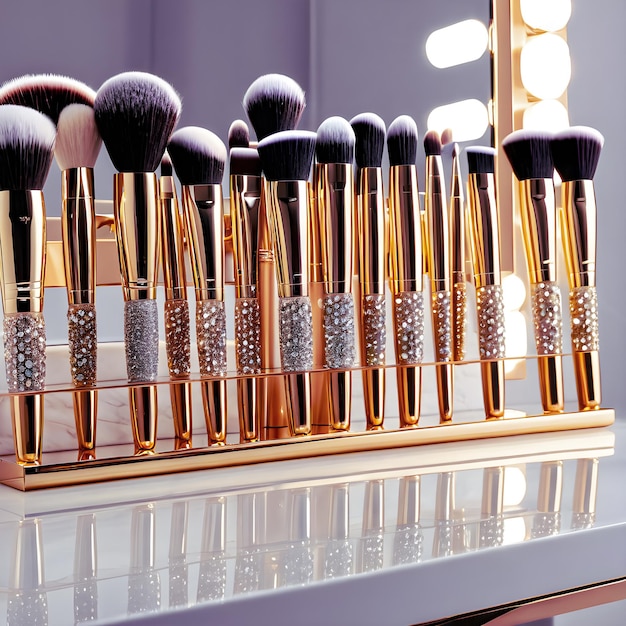 a luxurious goldtoned makeup brush set generative ai