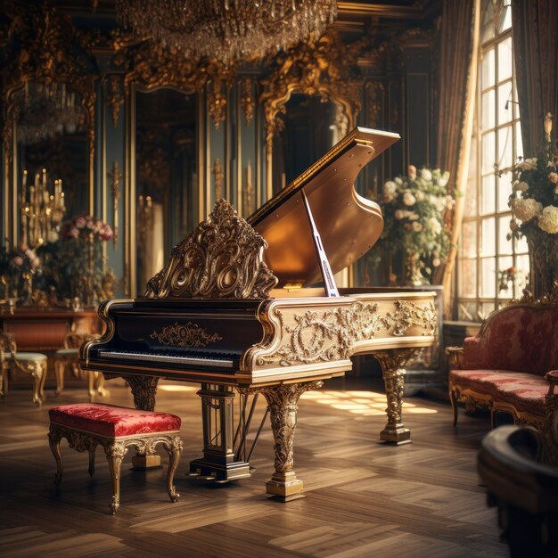 Foto pianoforte a coda lussuoso in una stanza con fiori e finestre alte palazzo reale vasi con fieri e cr