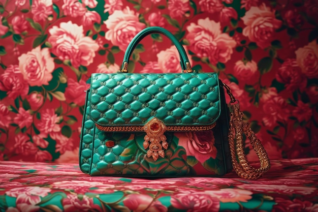 a luxurious green bag on a colorful red background