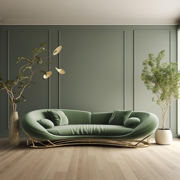 Роскошный зеленый диван с золотыми акцентами в темной комнате