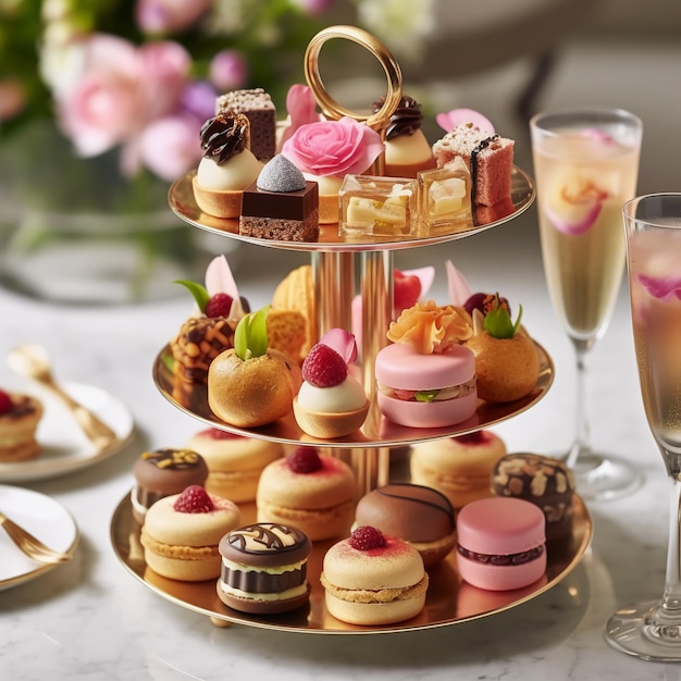 a luxurious high tea experience with a display of various pastries and desserts on a table