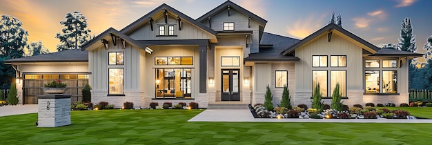 Luxurious Home Exterior in Modern Suburban Estate Featuring Lush Landscaping and Expansive Green Lawn at Dusk