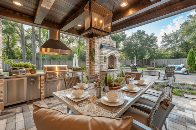 Luxurious home Portraying a luxurious outdoor kitchen and dining area complete with highend applianc