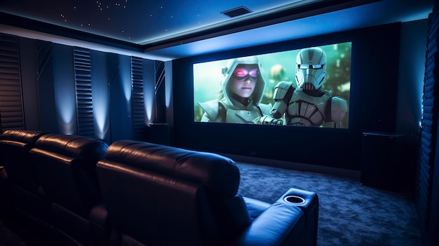 Luxurious home theater room with large screen displaying a scifi scene