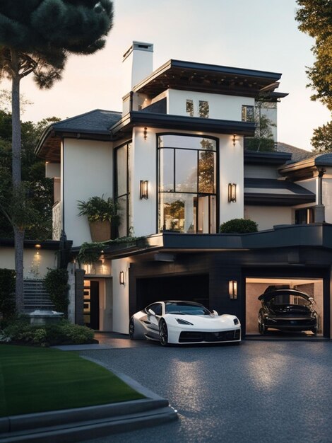 a luxurious home with a car in the garage