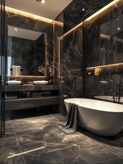 Luxurious Hotel Bathroom Interior with Dark Grey Marble Tub and Sink