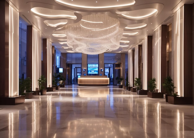 A luxurious hotel lobby with an elegant marble floor and a sparkling chandelier