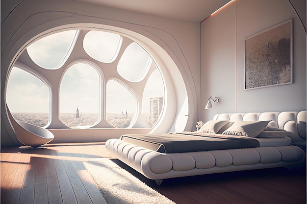 Роскошный гостиничный номер Современный интерьер спальни с большим окном Генерирующая иллюстрация AI