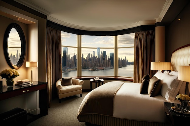 Luxurious hotel room with floortoceiling windows and panoramic view created with generative ai