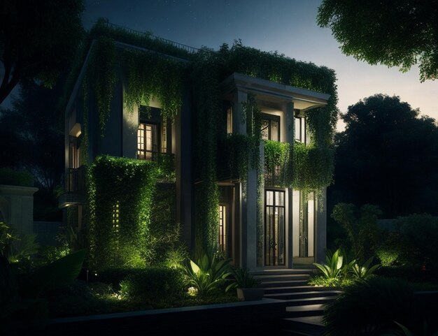 Luxurious house architecture design green garden in front of house night view