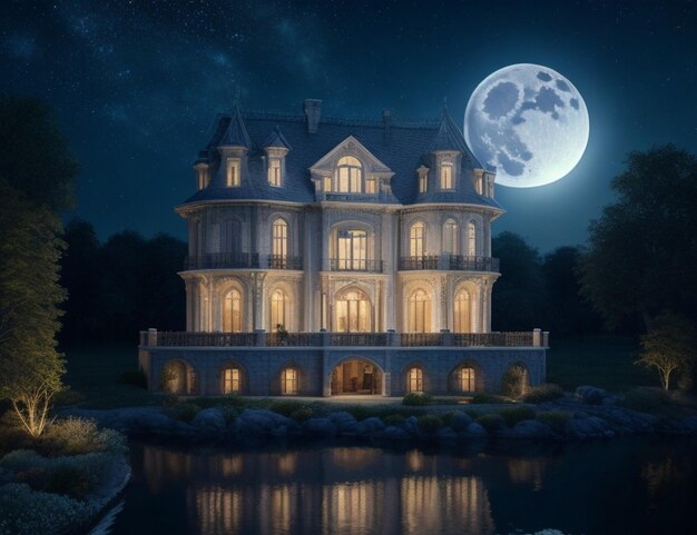 Premium AI Image | luxurious House night view with full moon and stars ...