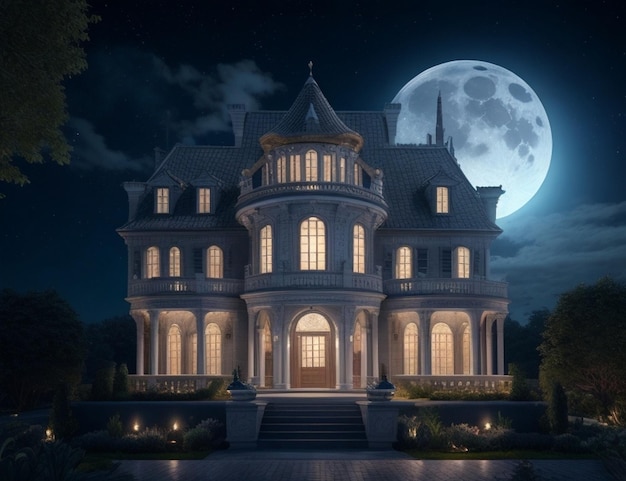 Premium AI Image | luxurious House night view with full moon and stars ...