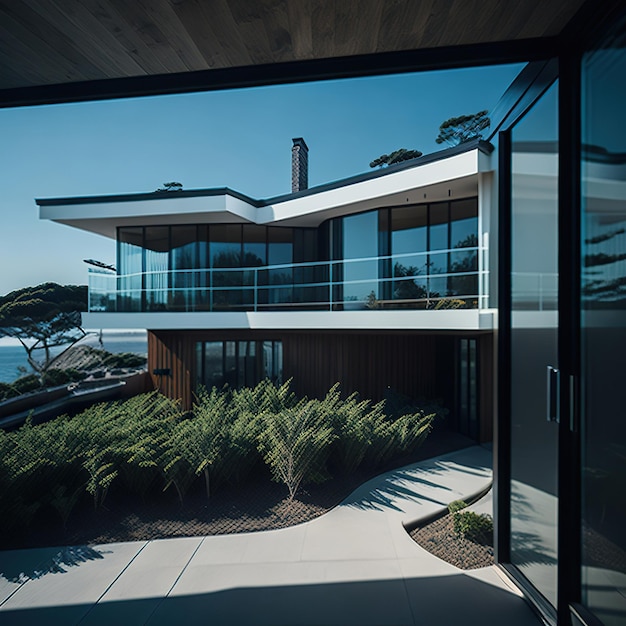 Foto casa di lusso con design moderno sulla spiaggia con la luce del giorno