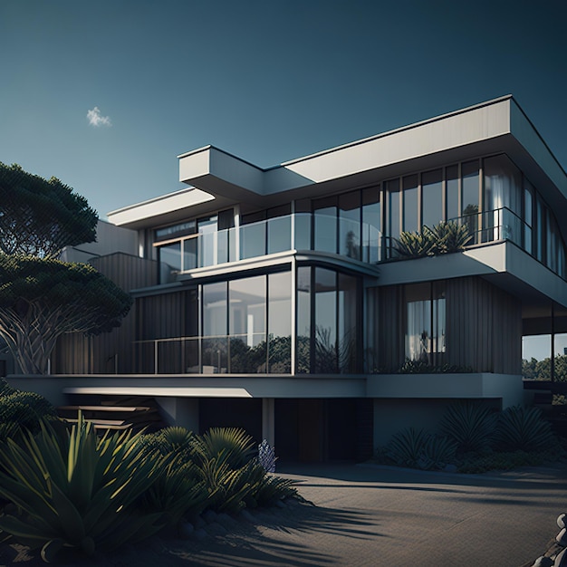 日光のあるビーチで現代的なデザインの豪華な家