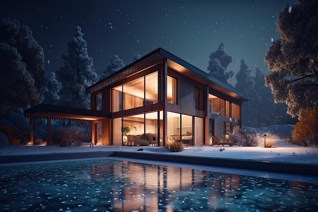 Luxurious house with a sparkling pool at night Generative AI