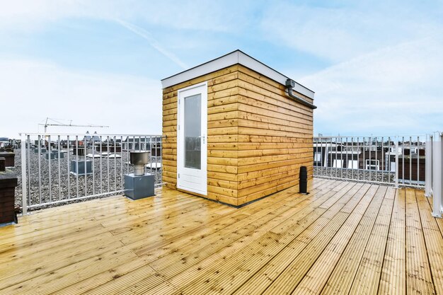 Luxurious huge balcony with wooden floor