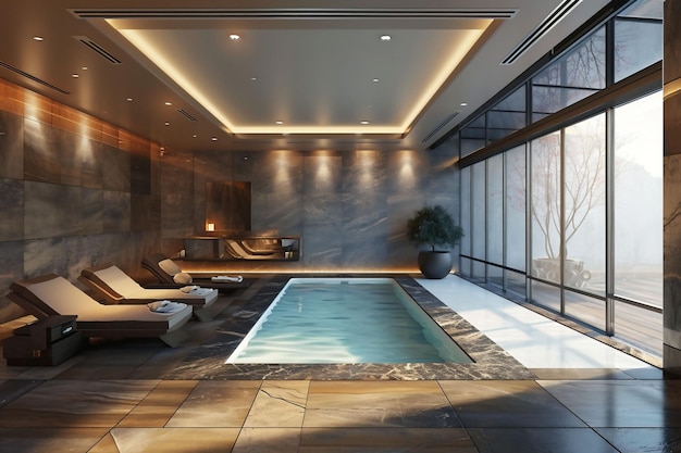 luxurious indoor pool area with a sleek design featuring a swimming pool lounge chairs and a view outside through large glass windows