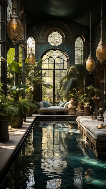 Luxurious indoor pool with tropical plants