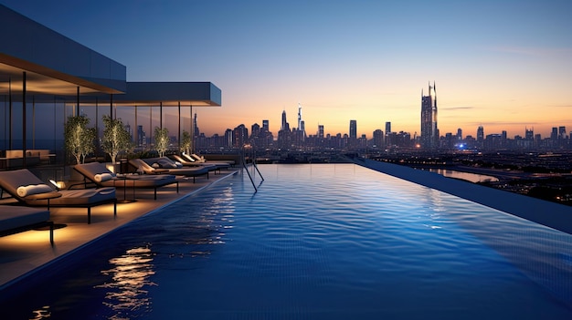 A luxurious infinity pool on the rooftop of a highrise building