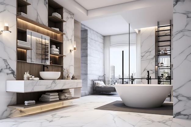 Luxurious interior of a white bathroom connected to the bedroom Horizontal photo