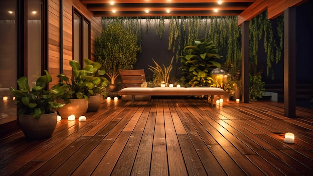 A luxurious interiors with wooden patio with a deck and planter lights and a waterfall