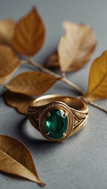 Luxurious intricate design of emerald gem stone golden ring with roses flowers botanical background