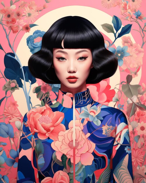 Luxurious Japanese woman and floral abstraction Modern collage design