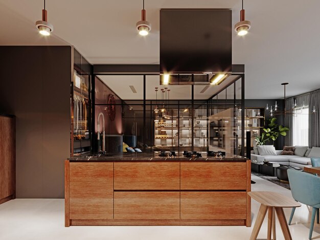 Luxurious kitchen modern style with wooden contemporary\
furniture and island with hood. burgundy gray walls, black granite\
countertops. studio apartment. 3d rendering.