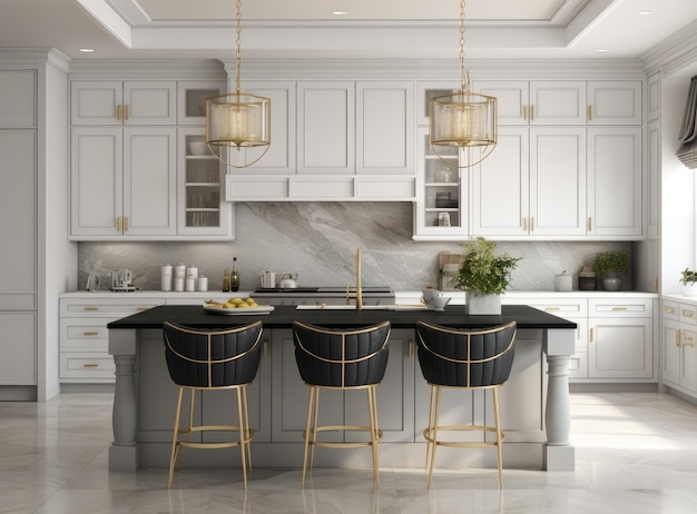 A luxurious kitchen with a large island gold faucet and sputnik chandelier stainless steel appliances and white marble countertops Created with Generative AI technology