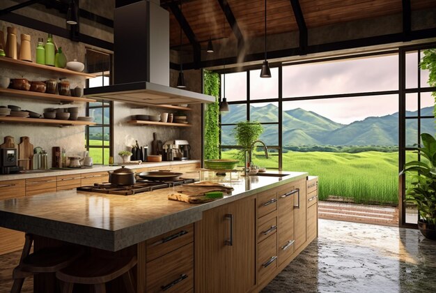 Luxurious kitchen with wood design and natural view generative ai