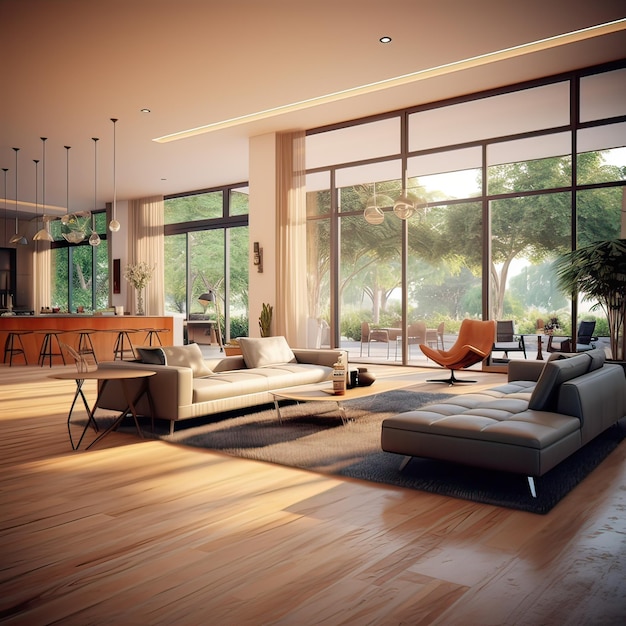 Photo luxurious and large roominteriors of a modern living room generative ai illustration